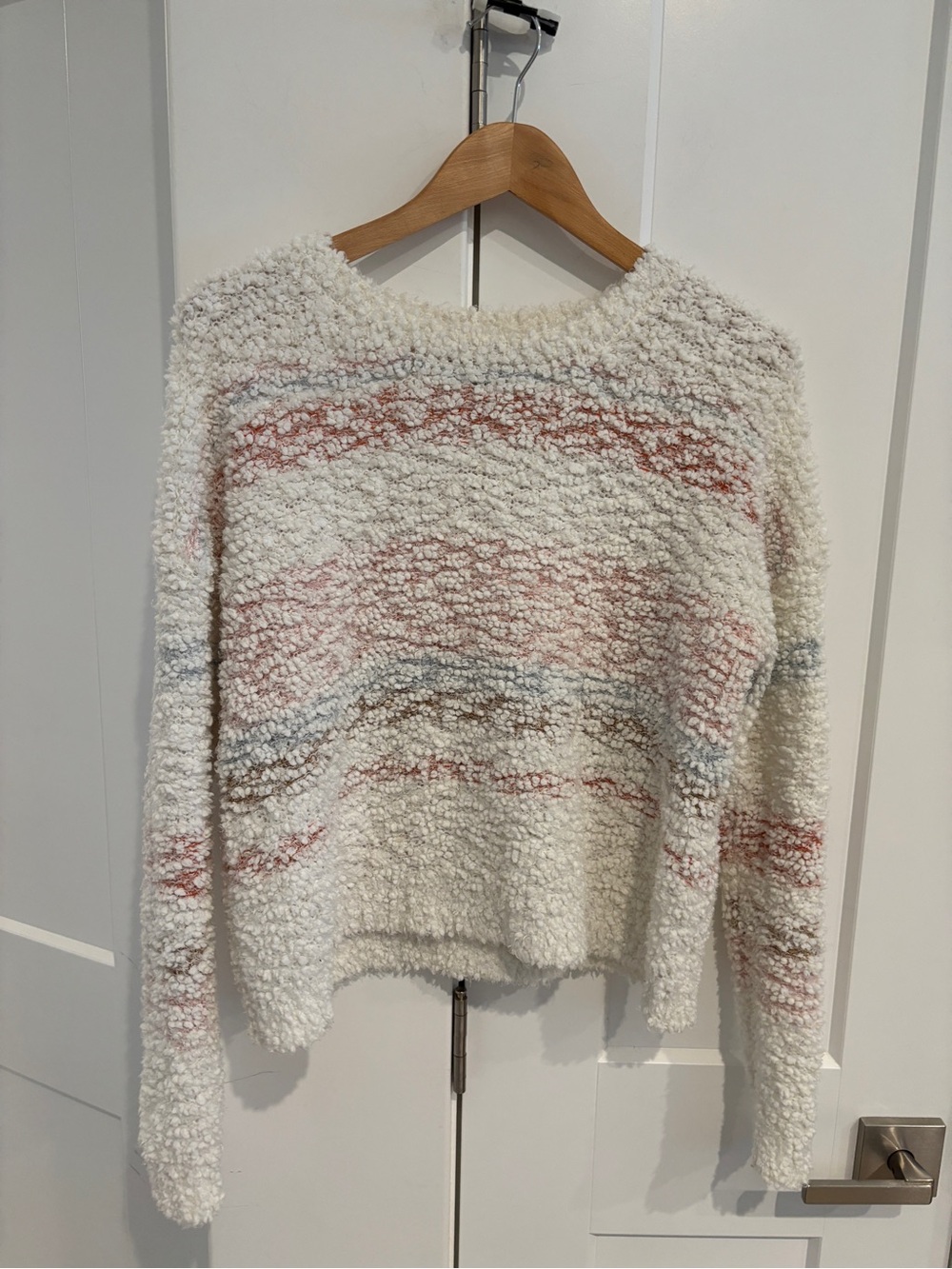 Absolutely Creative Worldwide Cream Fuzzy Striped Crewneck Sweater